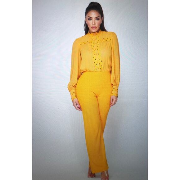Lace Chiffon blouse wide leg jumpsuit (Mustard)-Large - Picture 1 of 2